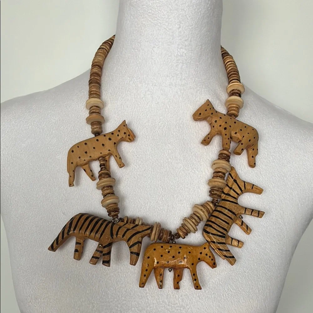 Vintage Animal Carved Wooden Necklace